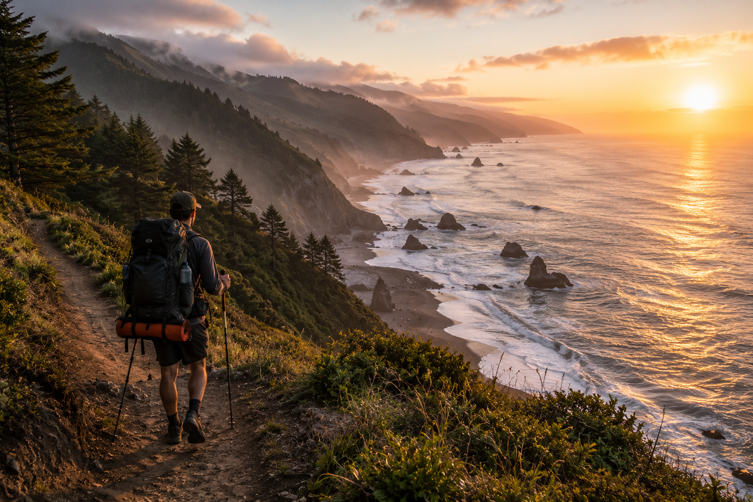 Backpacker hiking along a black sand beach on the Lost Coast Trail in Northern California